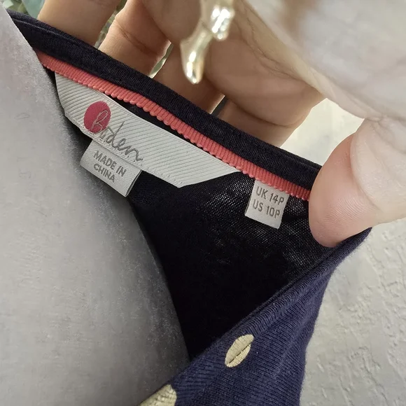 Boden Women's Melinda Jersey Cotton Blend Navy Blue Gold Polka Dot Dress 10 - Picture 6 of 7